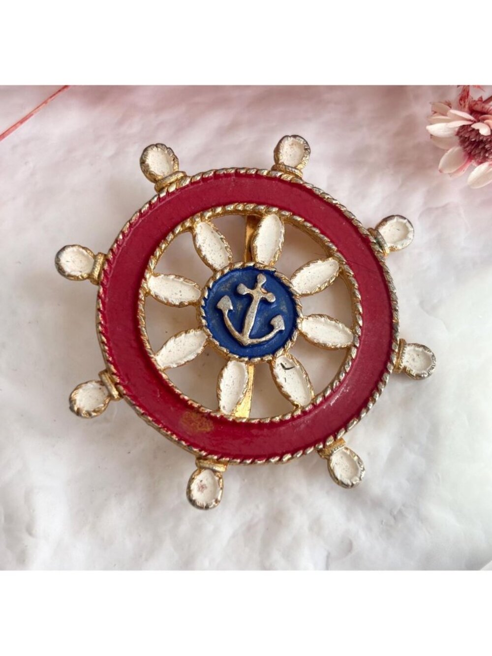 JJ Nautical Wheel Captain Enameled Red, White & Blue Vintage Gold Toned